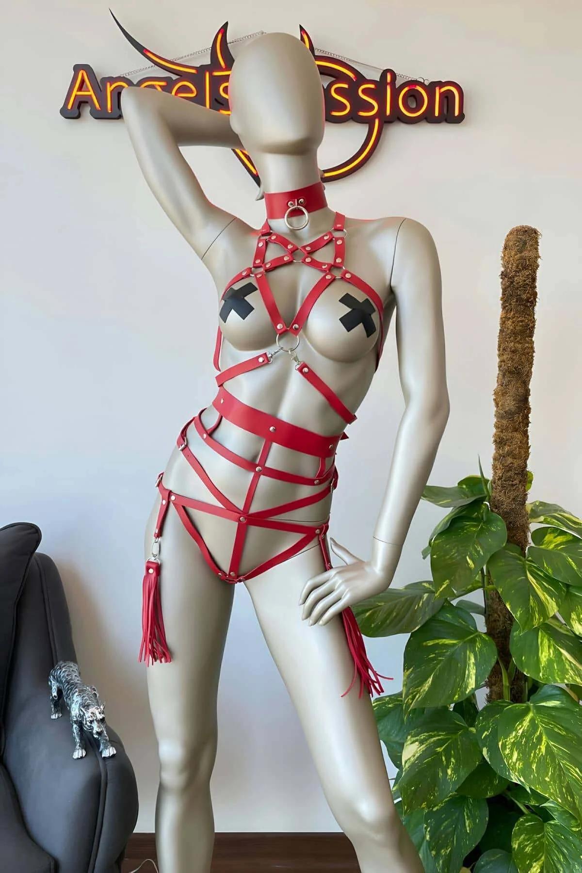 Red Faux Leather Body Harness with Choker Collar Set