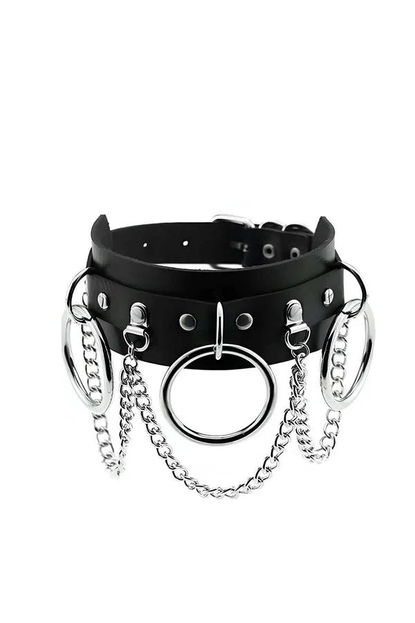 Faux Leather Choker Necklace with O-Ring and Chains