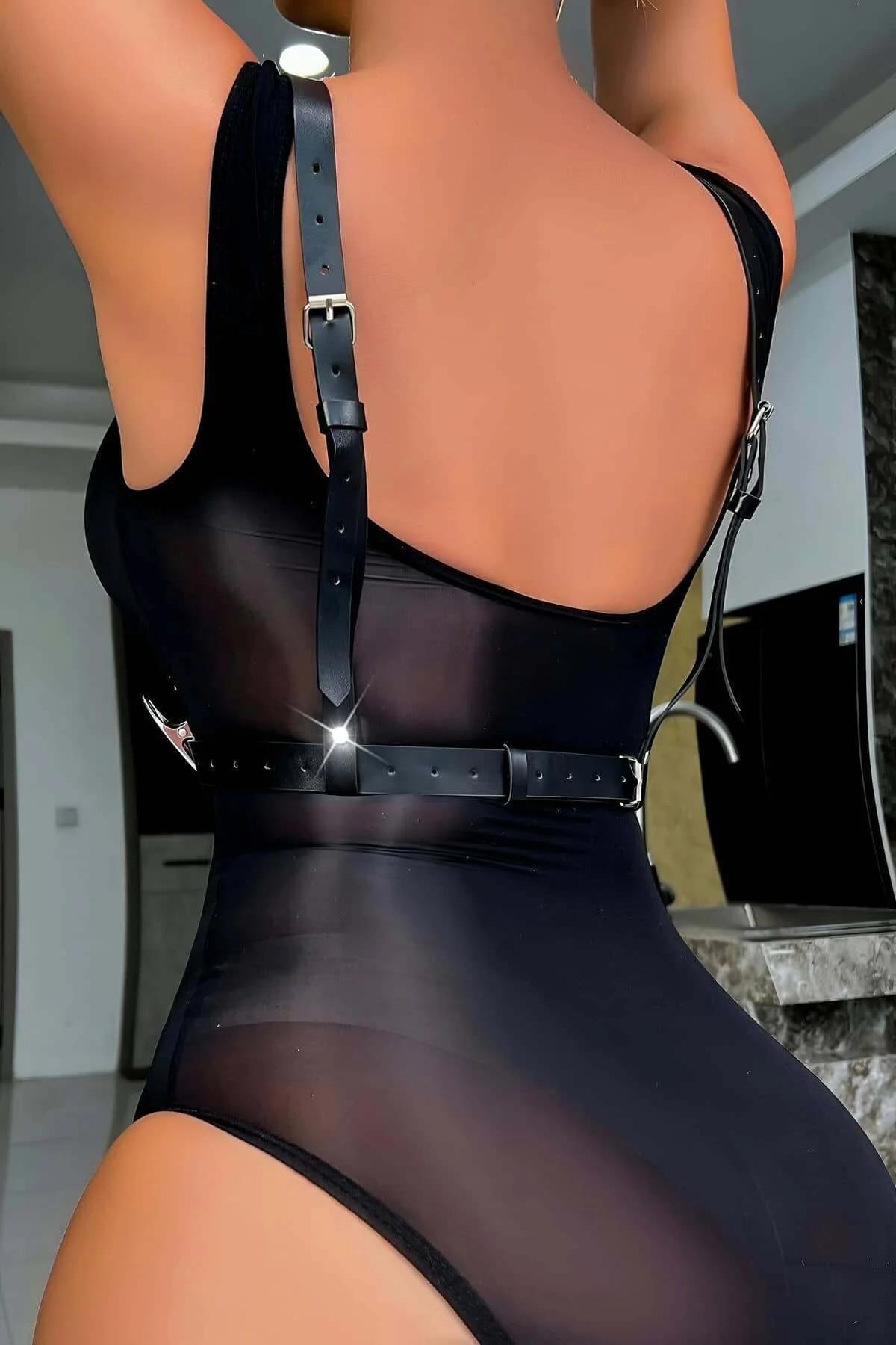 V-Cut Faux Leather Chest Harness with O-Rings