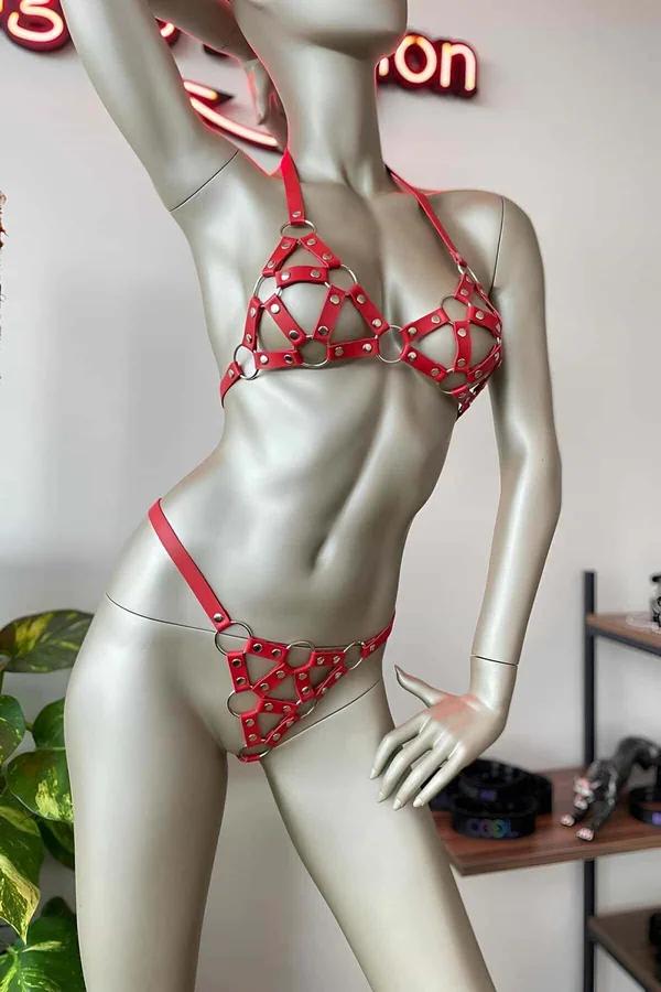 Red Faux Leather Strappy Harness Bra & Thong Set