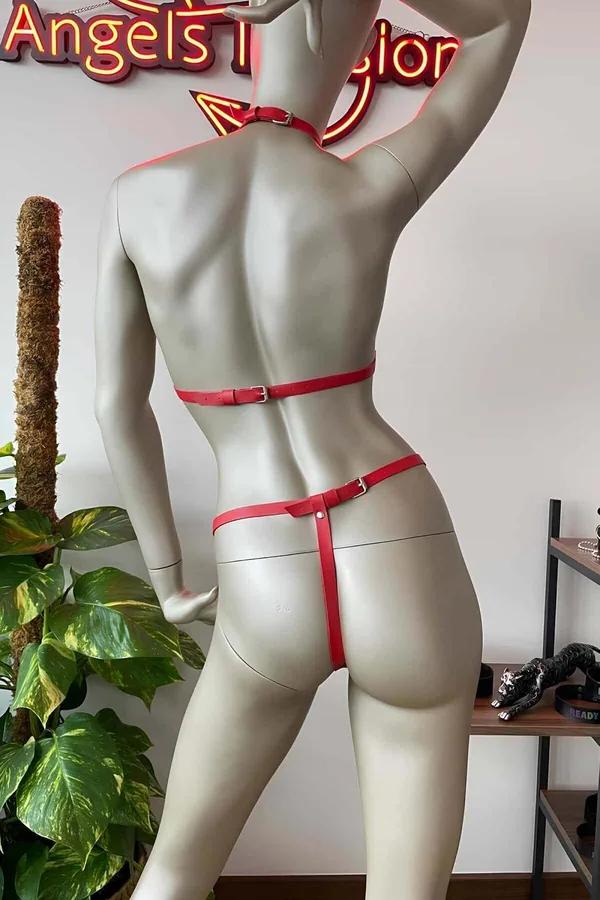 Red Faux Leather Strappy Harness Bra & Thong Set
