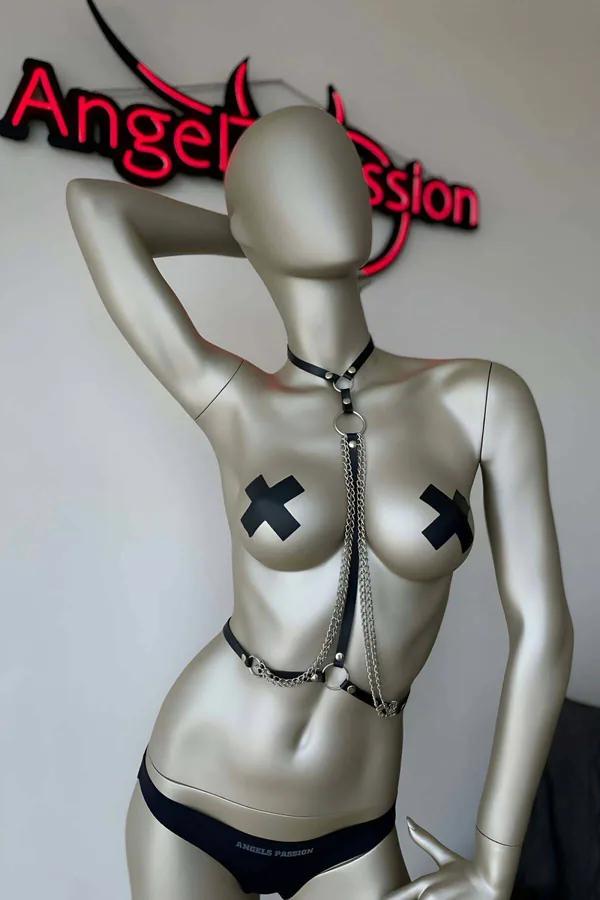 Faux Leather Chest Harness with Choker and Layered Chains