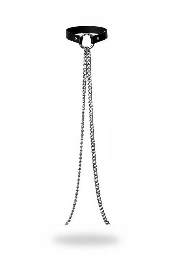 Faux Leather Choker with Dual Draping Chains & O-Ring