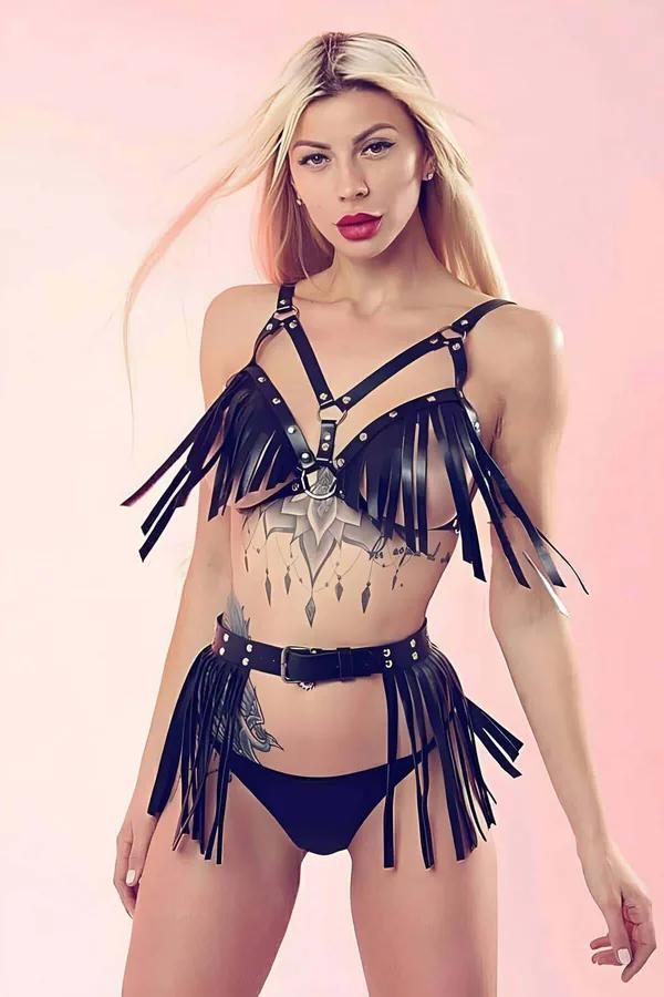 Fringe Tassel Faux Leather Harness Set