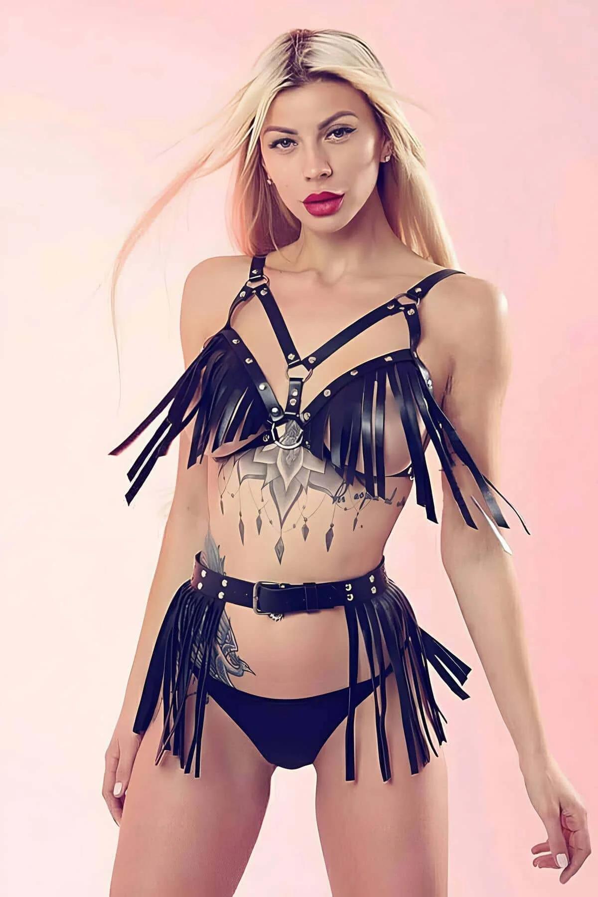 Fringe Tassel Faux Leather Harness Set