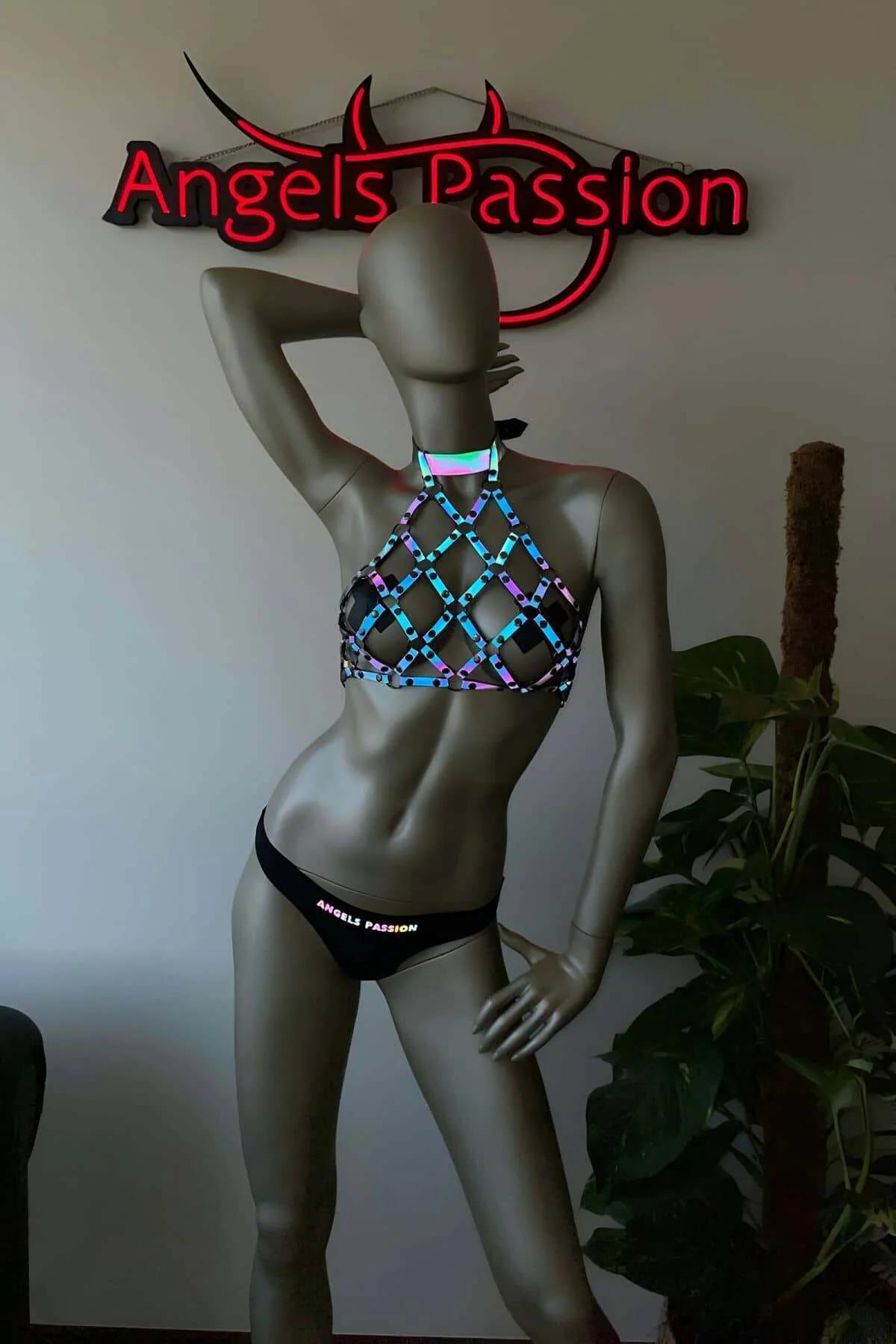 Reflective Cage Harness Top with Iridescent Choker