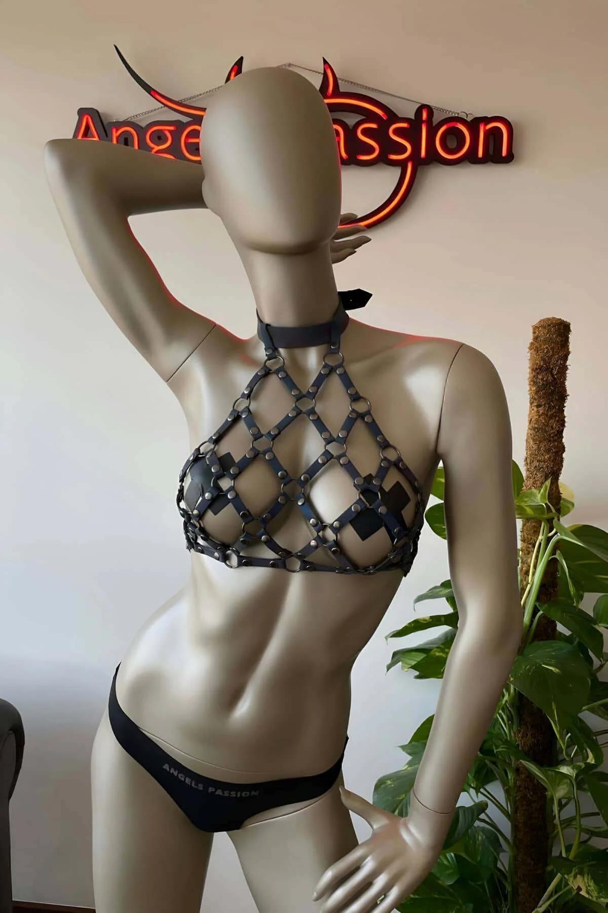 Reflective Cage Harness Top with Iridescent Choker