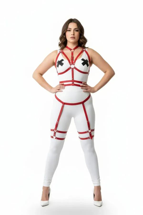 Red Strappy Body Harness Set with Garter Thigh Straps