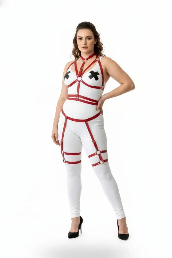 Red Strappy Body Harness Set with Garter Thigh Straps