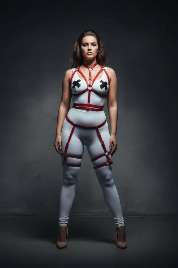 Red Strappy Body Harness Set with Garter Thigh Straps