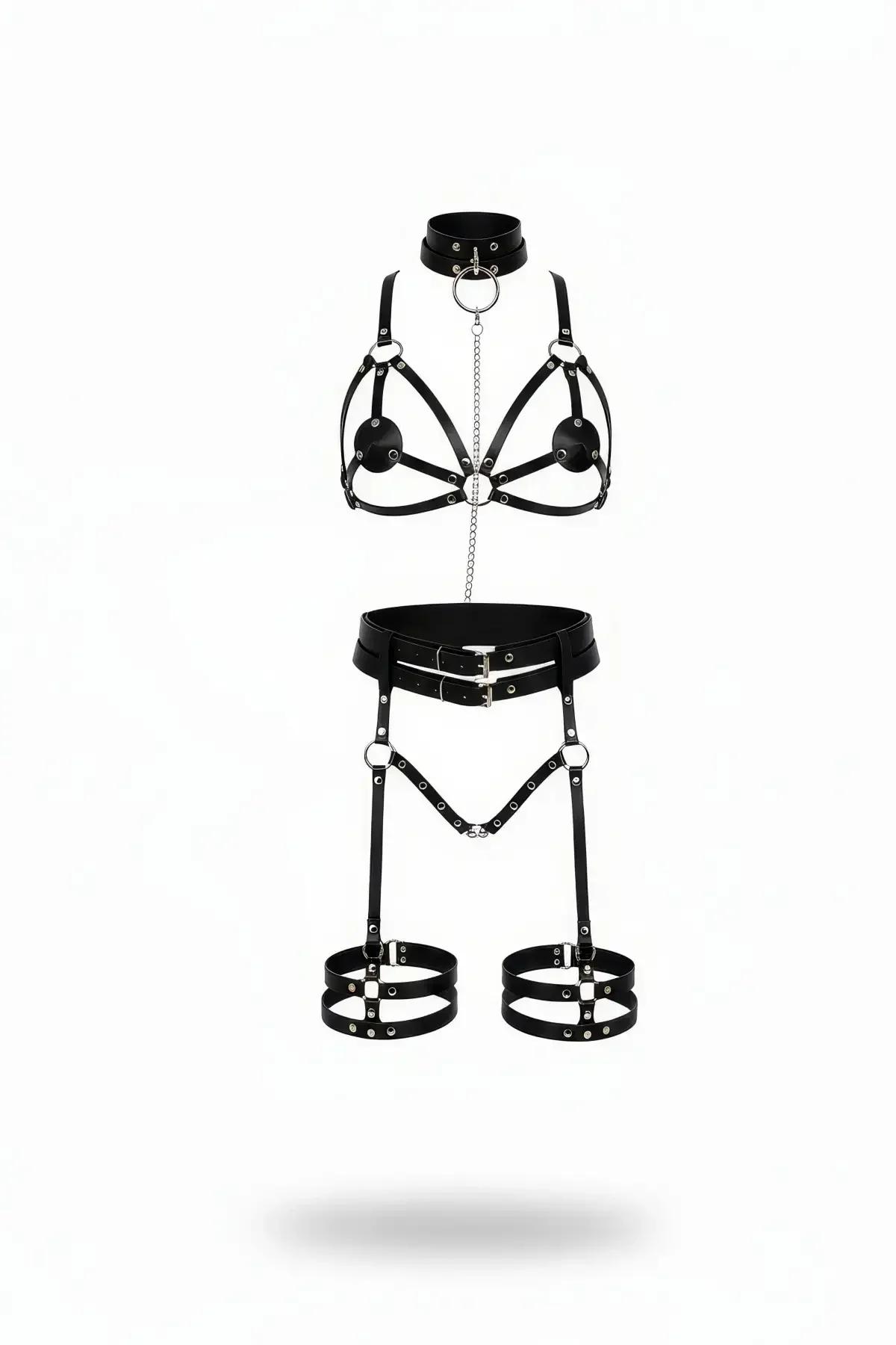 Adjustable Faux Leather Full Body Harness with Chain