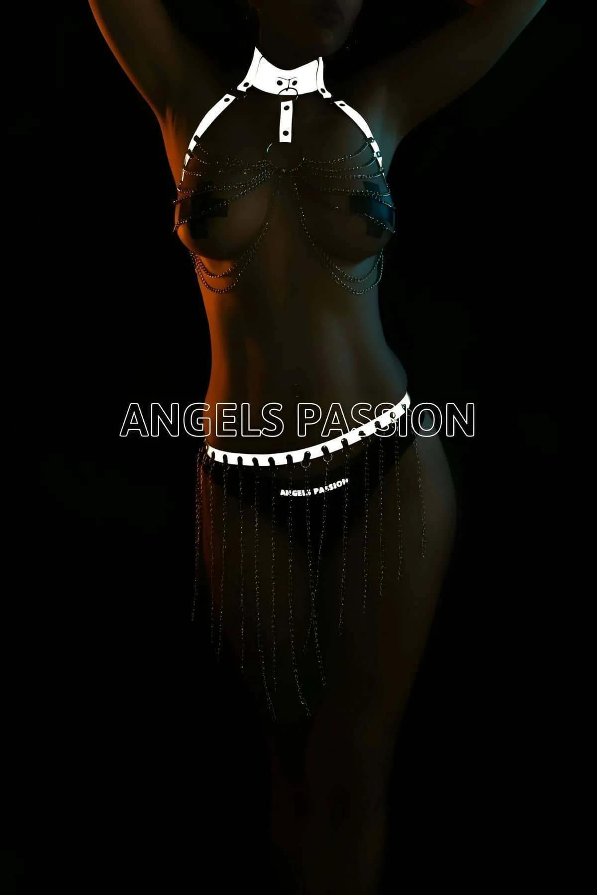 White Faux Leather Body Harness with Cascading Silver Chains