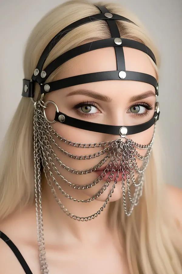 Faux Leather Face Harness with Draping Chains