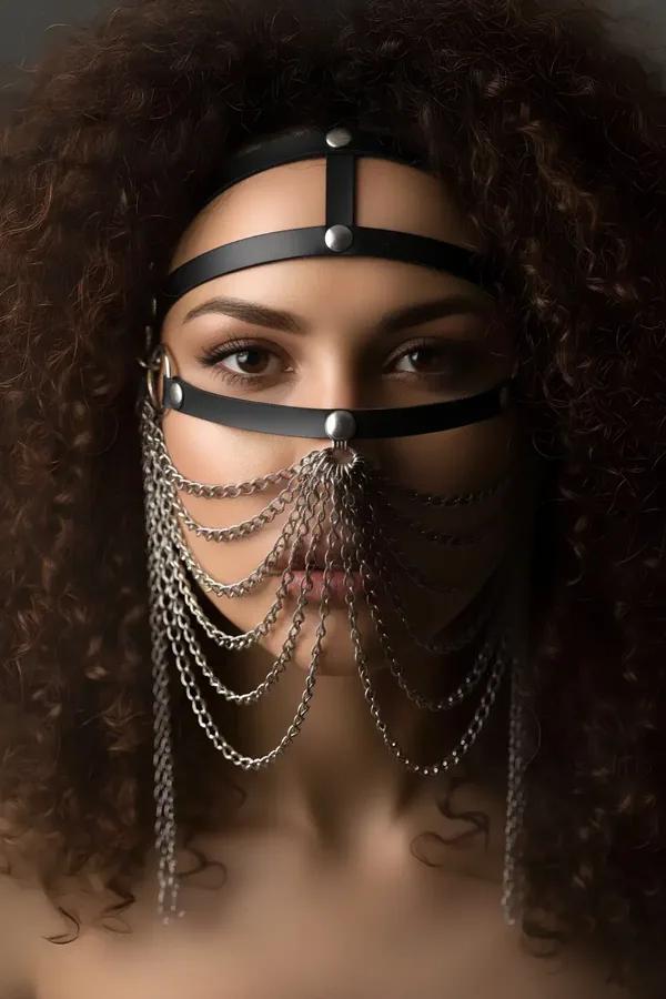Faux Leather Face Harness with Draping Chains
