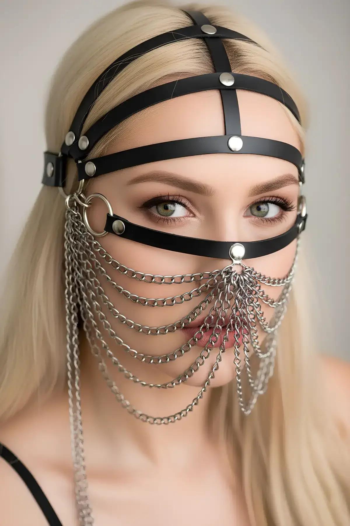 Faux Leather Face Veil Head Harness with Silver Chain