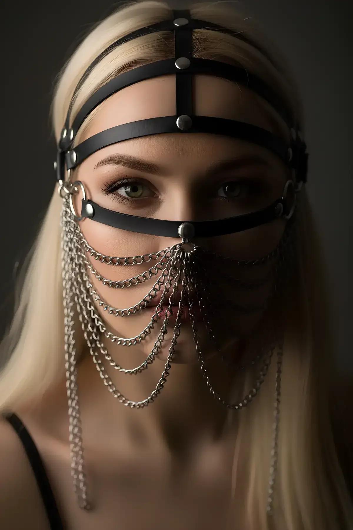 Faux Leather Face Veil Head Harness with Silver Chain