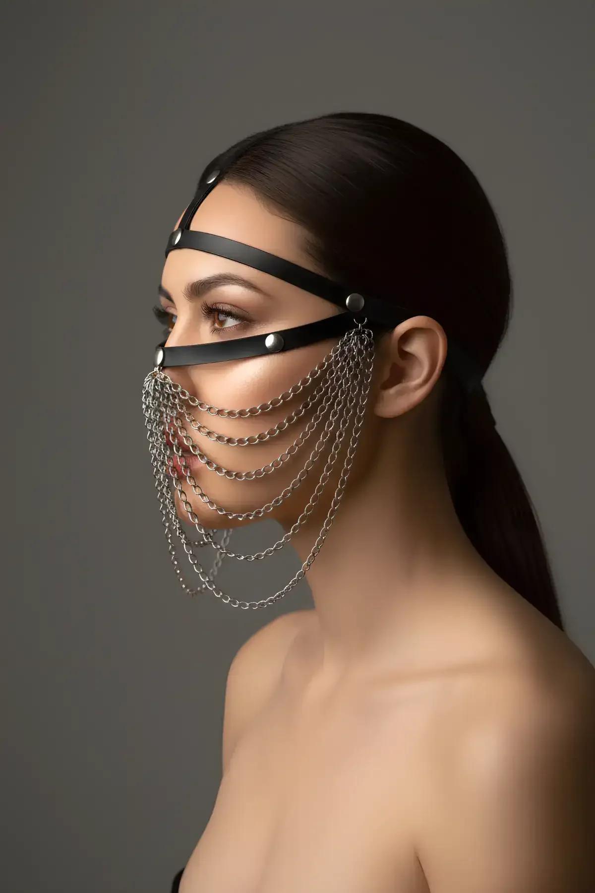 Faux Leather Face Veil Head Harness with Silver Chain