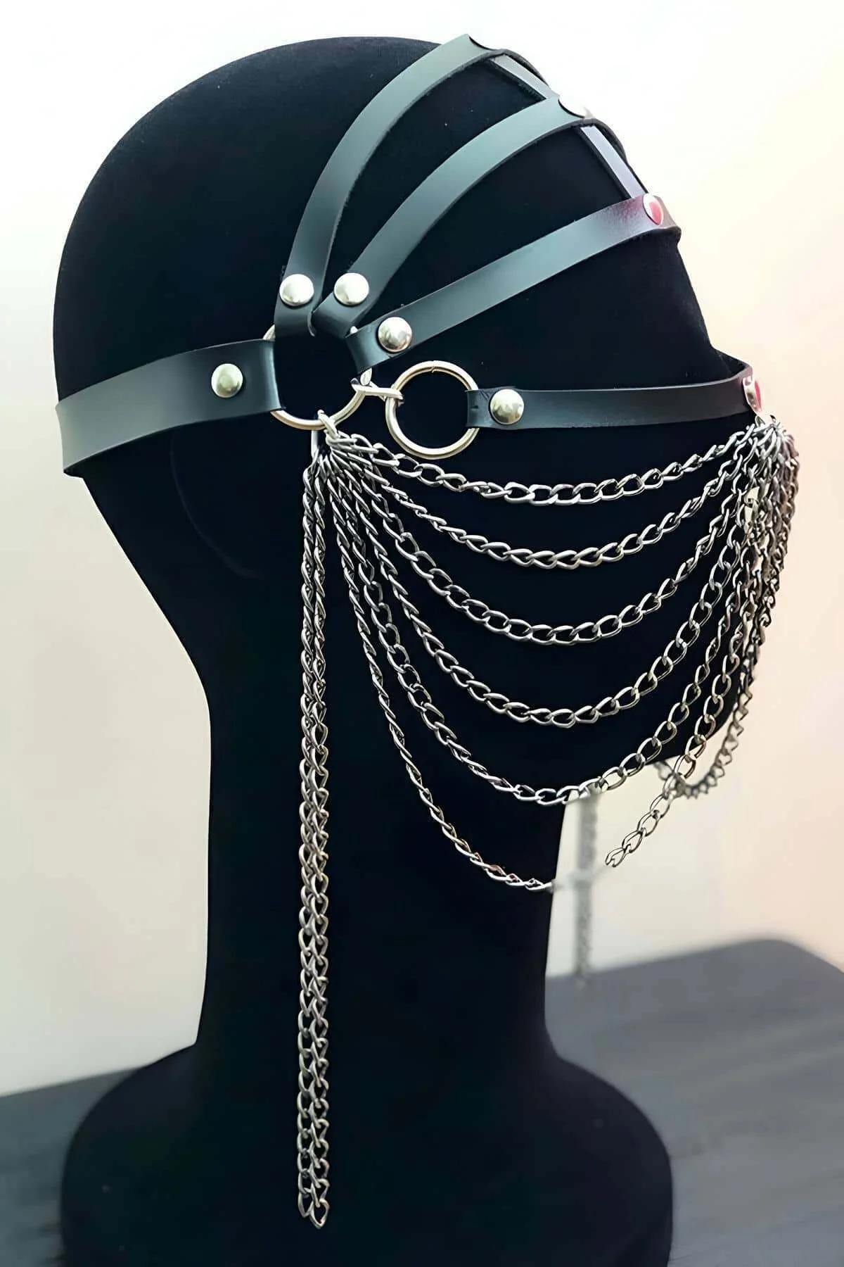 Faux Leather Face Veil Head Harness with Silver Chain