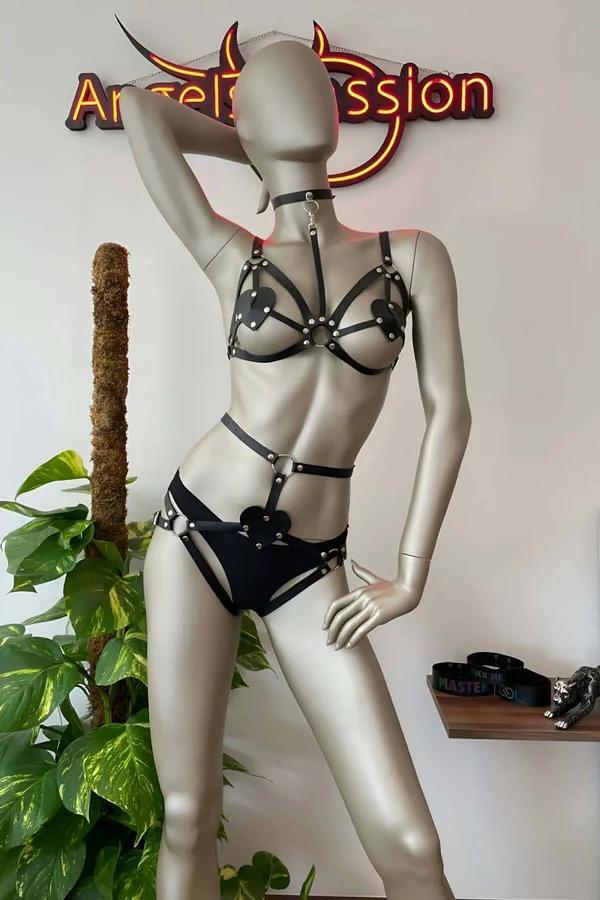 Faux Leather Harness Set with Heart Accents & Choker