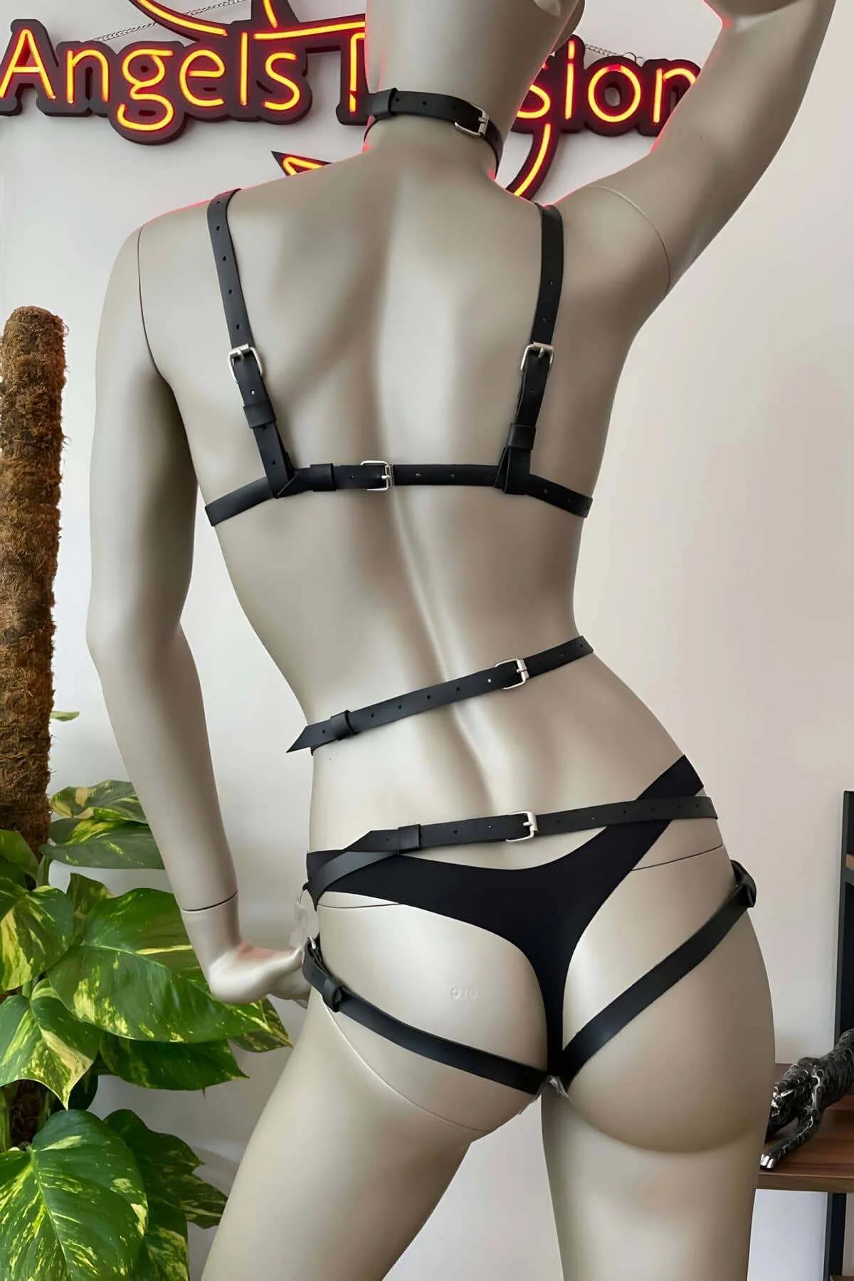 Faux Leather Harness Set with Heart Accents & Choker