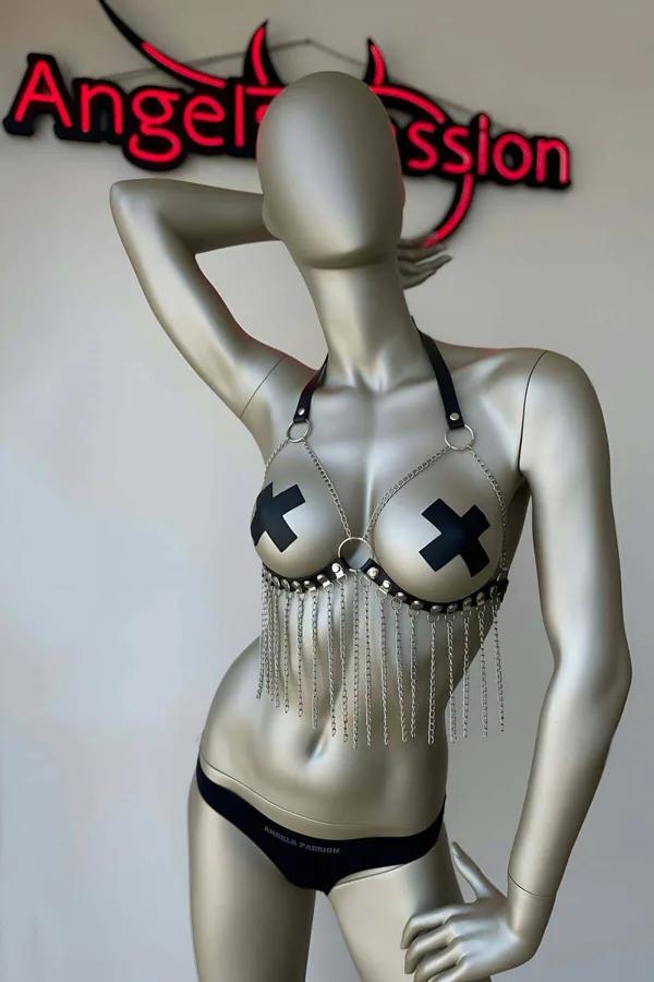 Faux Leather Bra Harness with Draping Chains and Studs