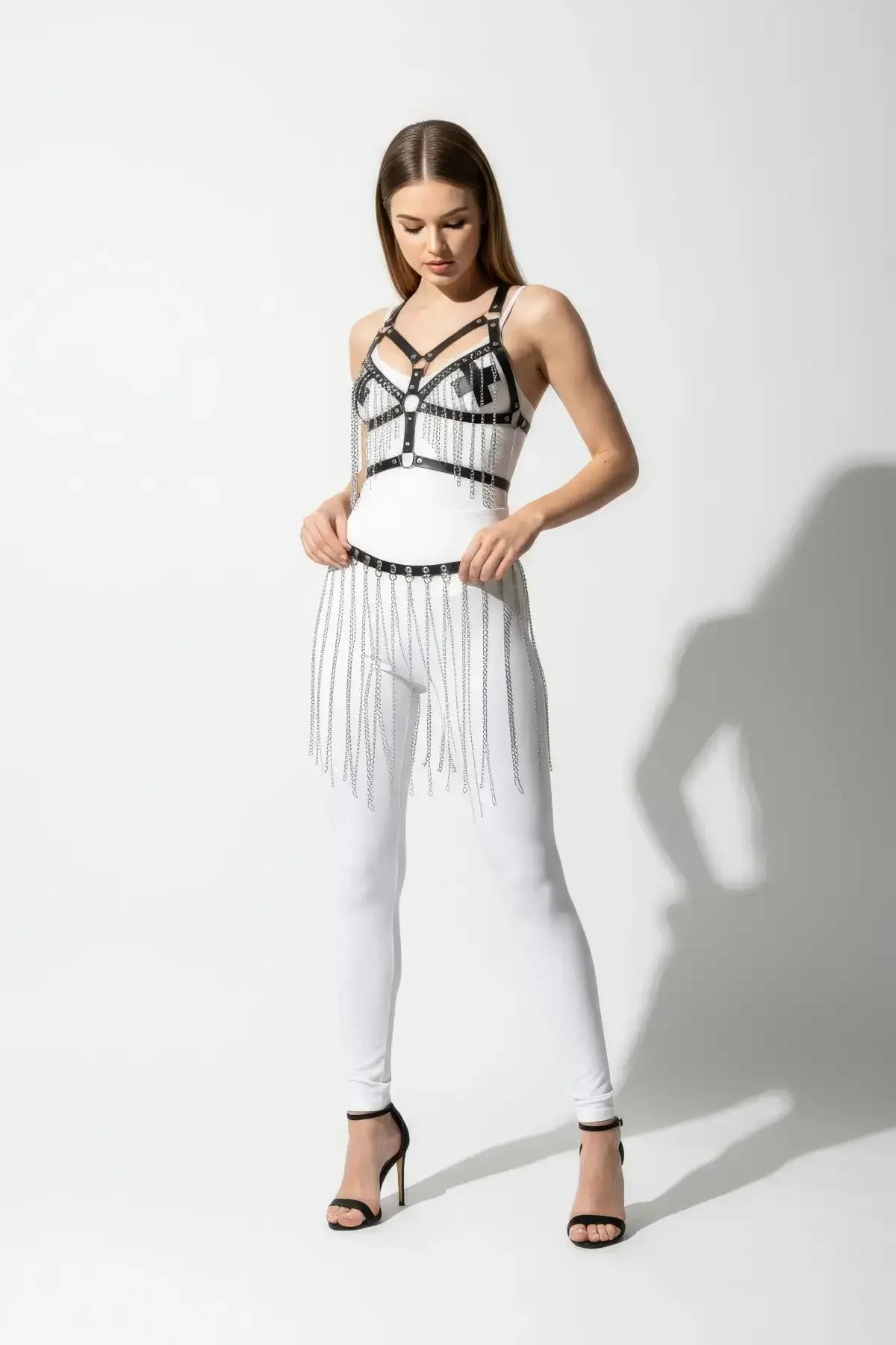 Faux Leather Chest Harness with Draped Chain Skirt