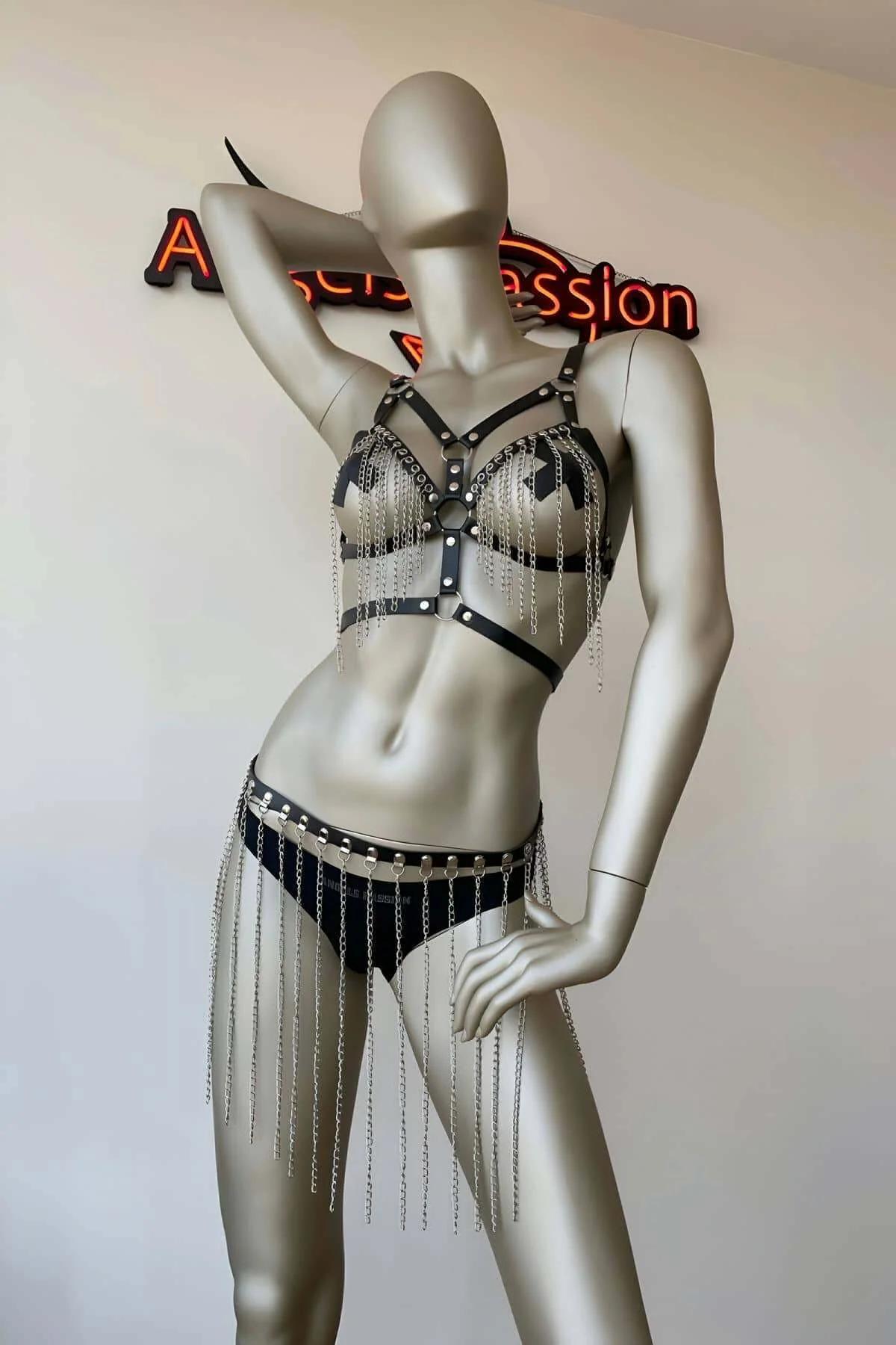 Faux Leather Body Harness with Draped Chain Skirt Set