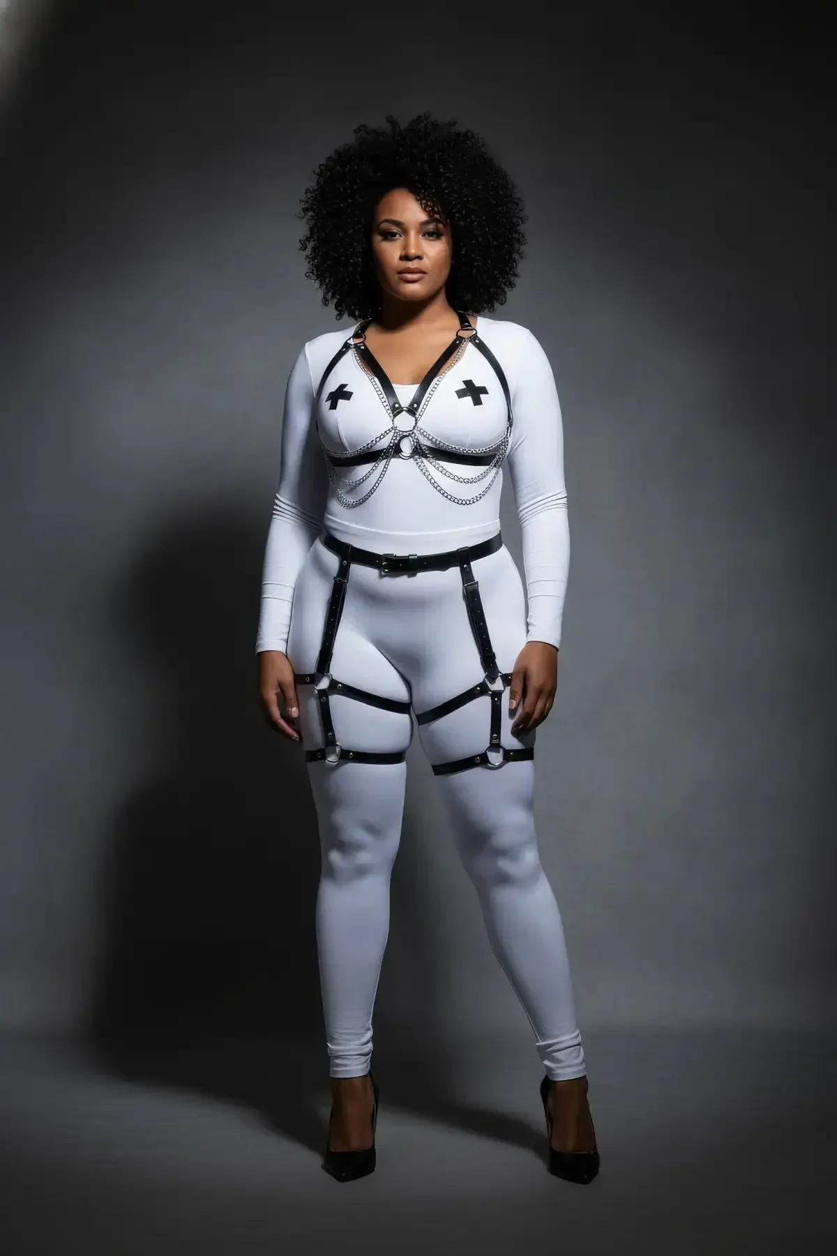 Black Vegan Leather Body Harness & Leg Garter Set with Chain