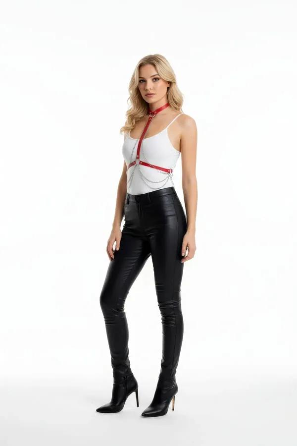 Red Faux Leather Chest Harness with Draping Chains