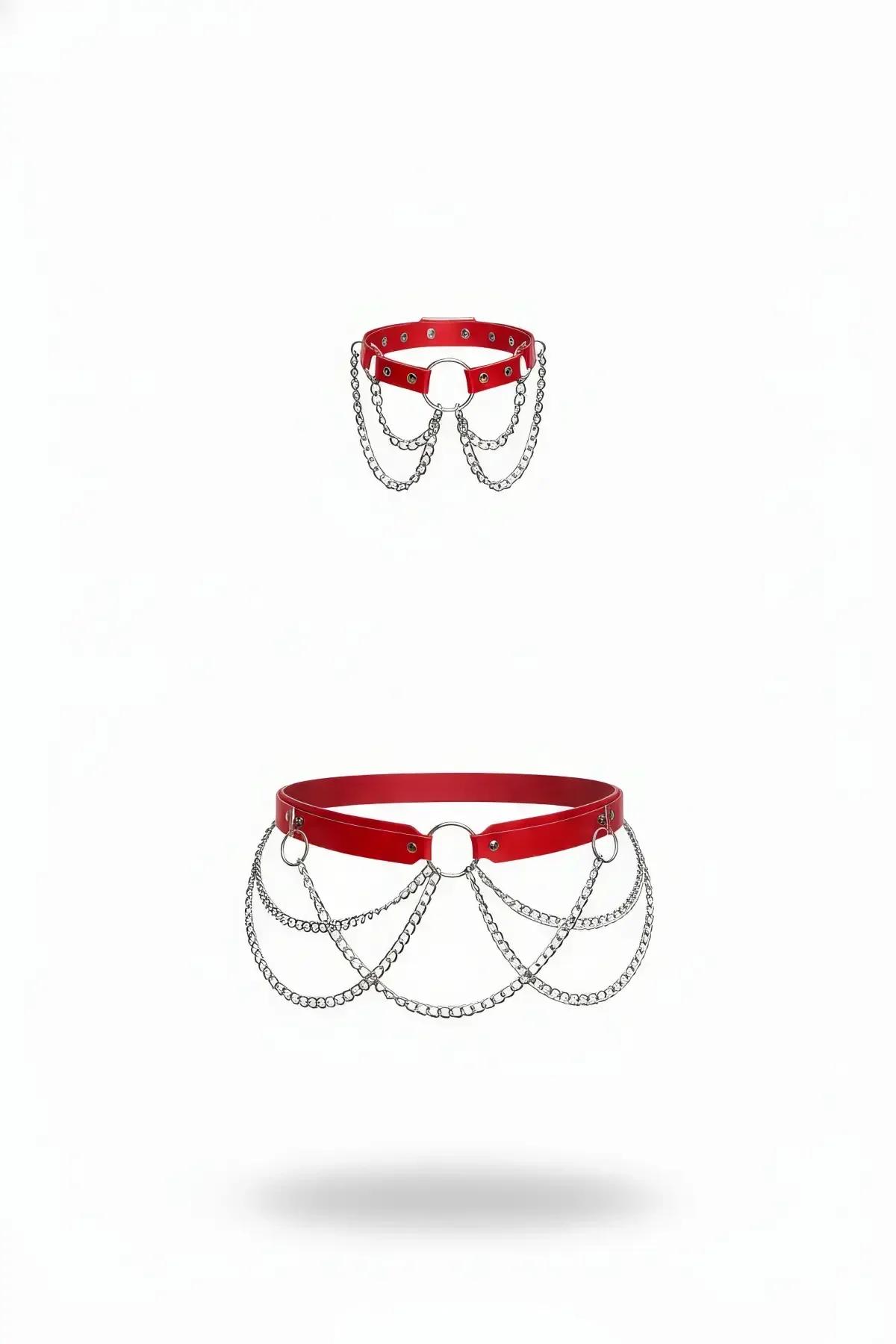 Red Faux Leather Waist Harness with Multi-Chain Drapes