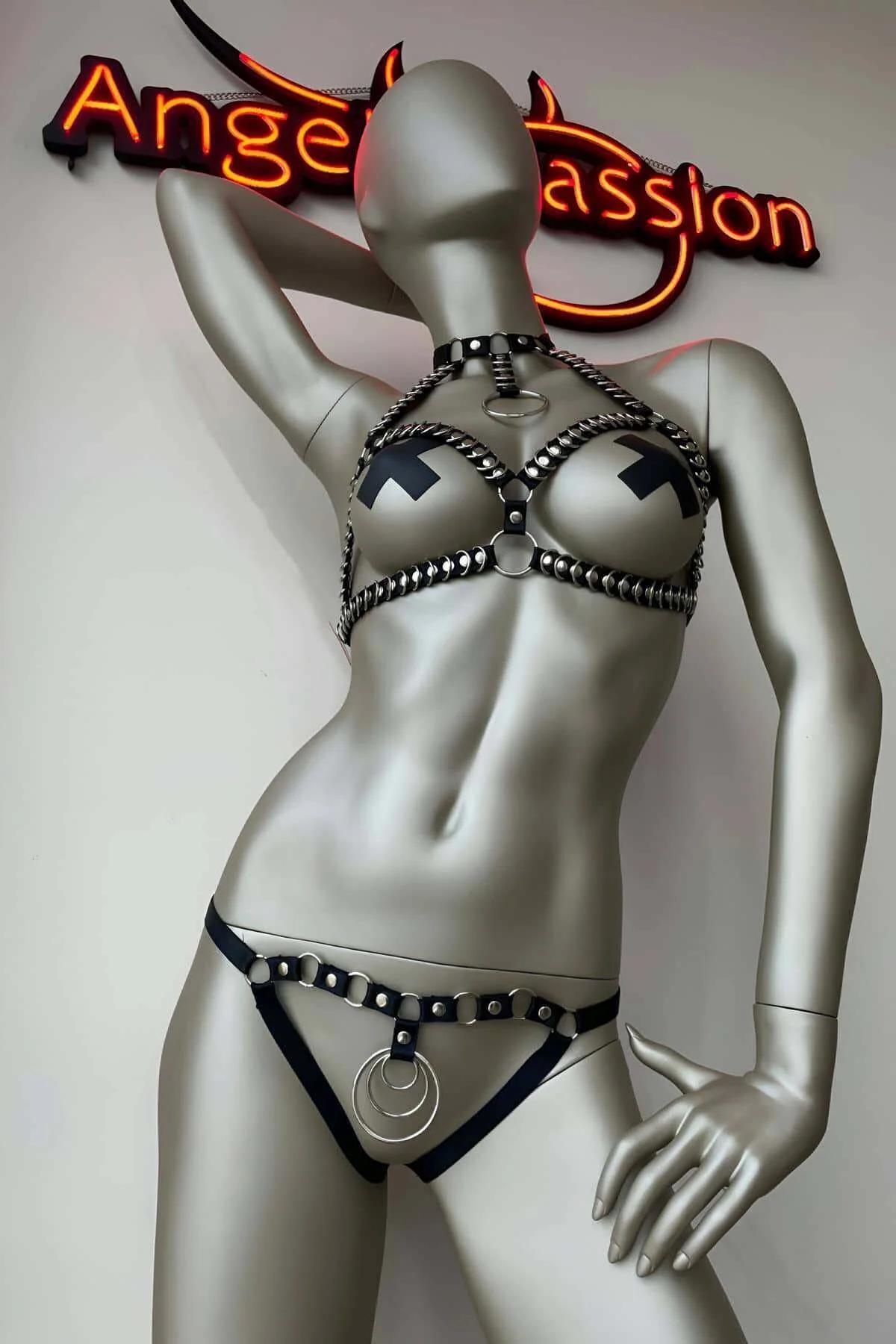 Studded Faux Leather Bra Harness & Crotchless Thong Set
