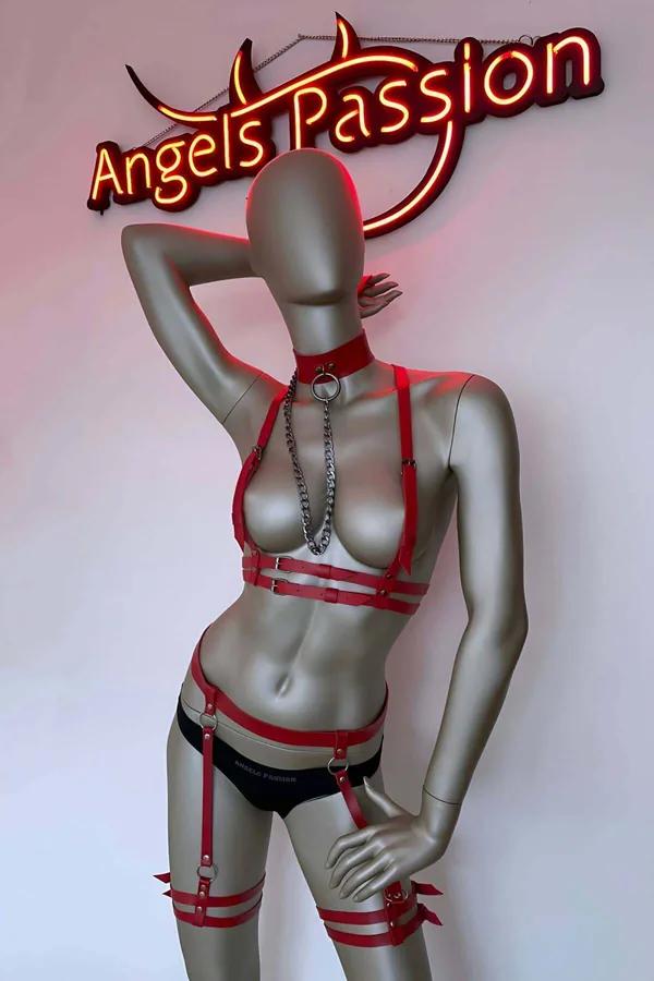 Red Vegan Leather Full Body Harness with Garter Set