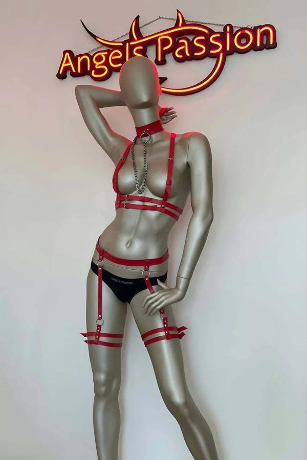 Red Vegan Leather Full Body Harness with Garter Set