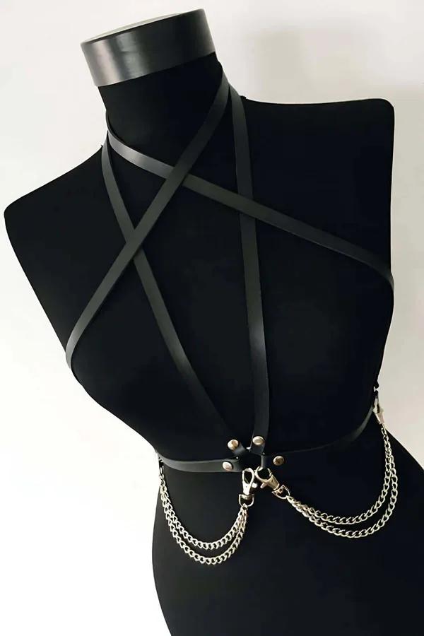 Black Faux Leather Full Body Harness with Chains