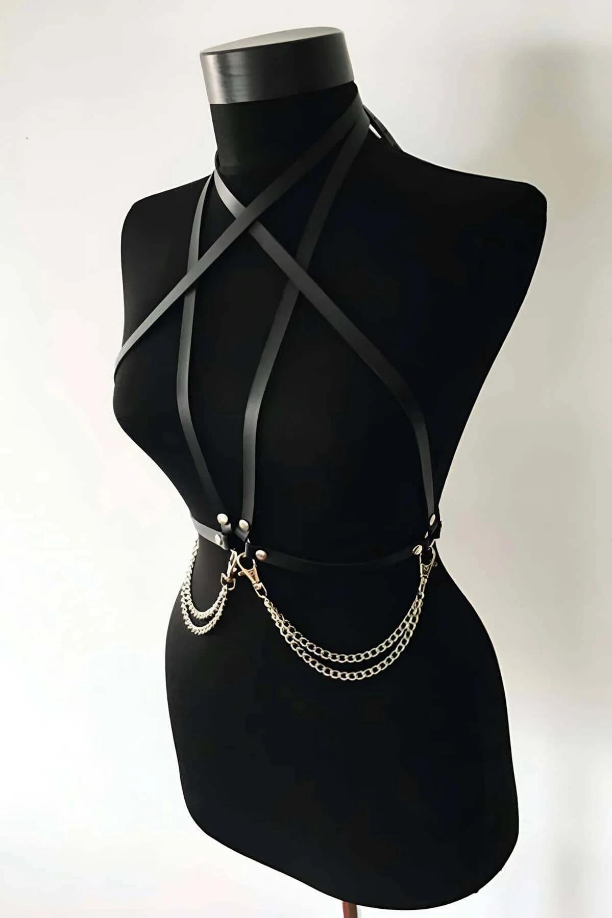 Black Faux Leather Full Body Harness with Chains