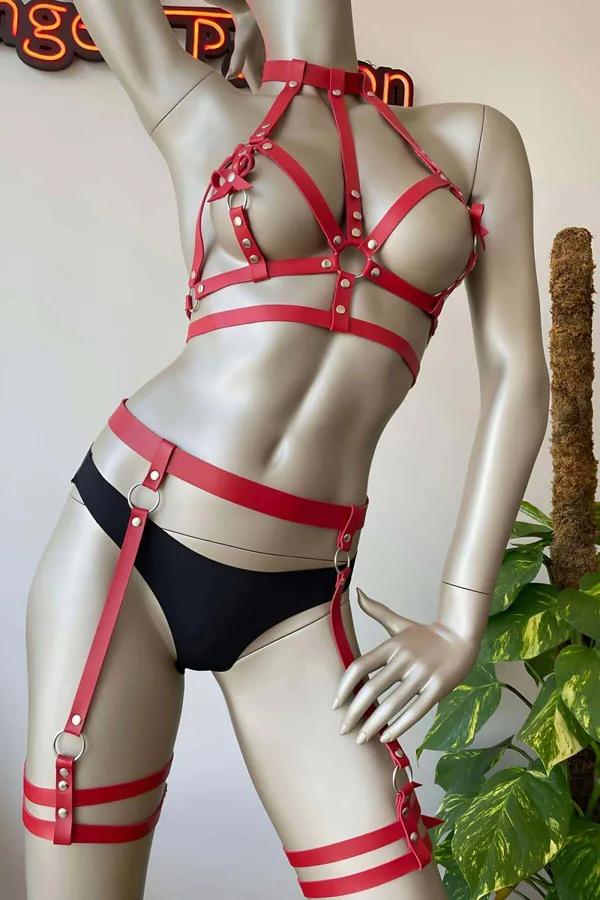 Adjustable Red Faux Leather Body & Thigh Harness Set