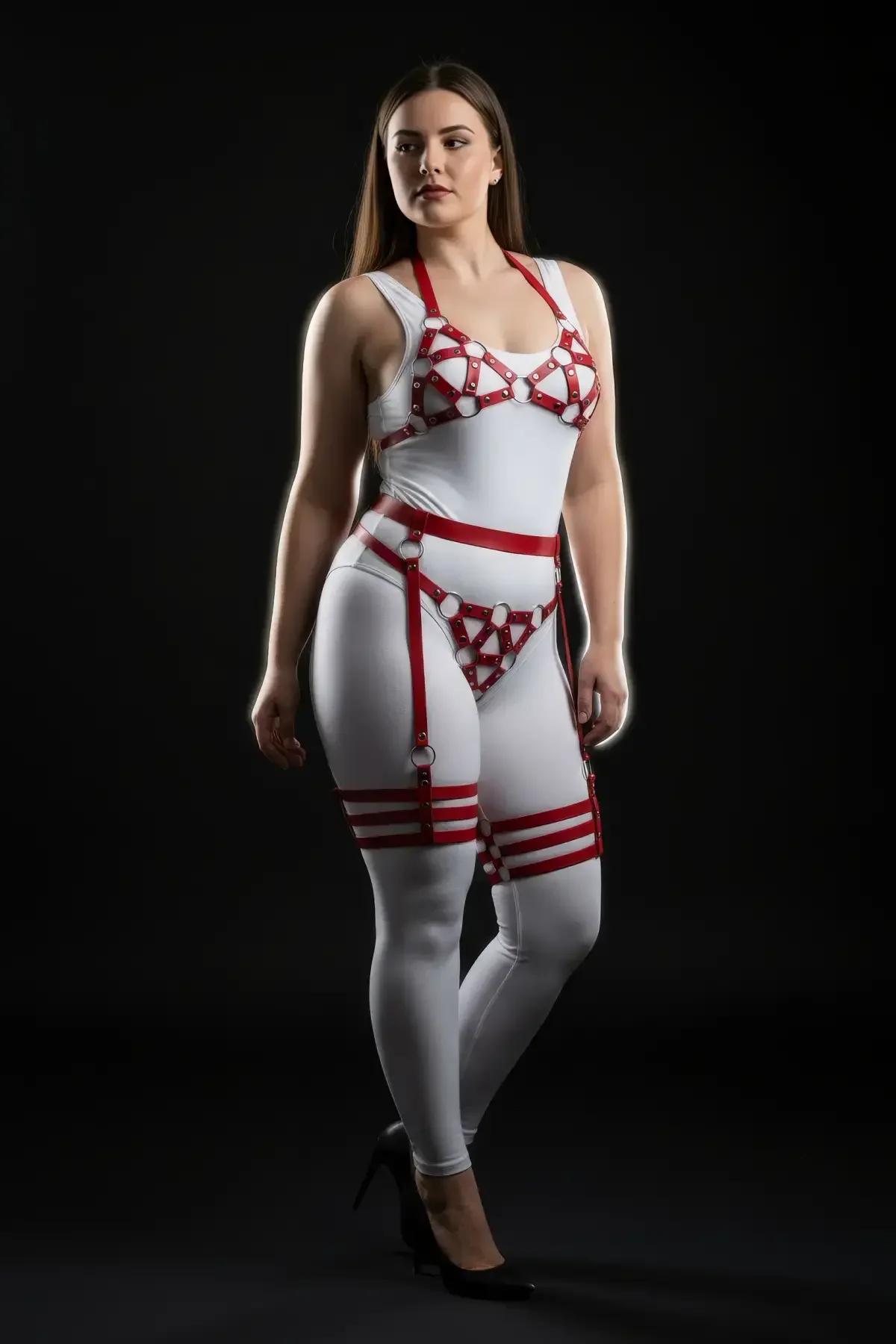 Red O-Ring Vegan Leather Bra, Waist, & Thigh Harness Set
