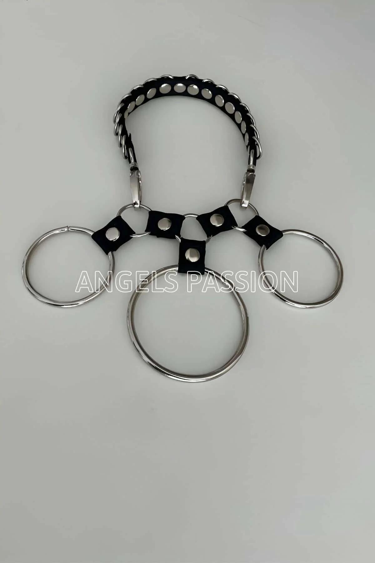 Faux Leather Choker Necklace with O-Rings and Star Studs