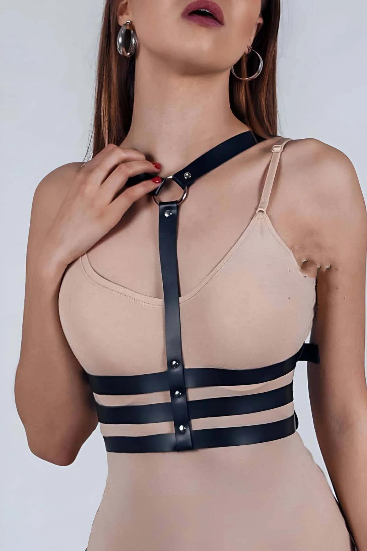 Adjustable Black Faux Leather Chest Harness