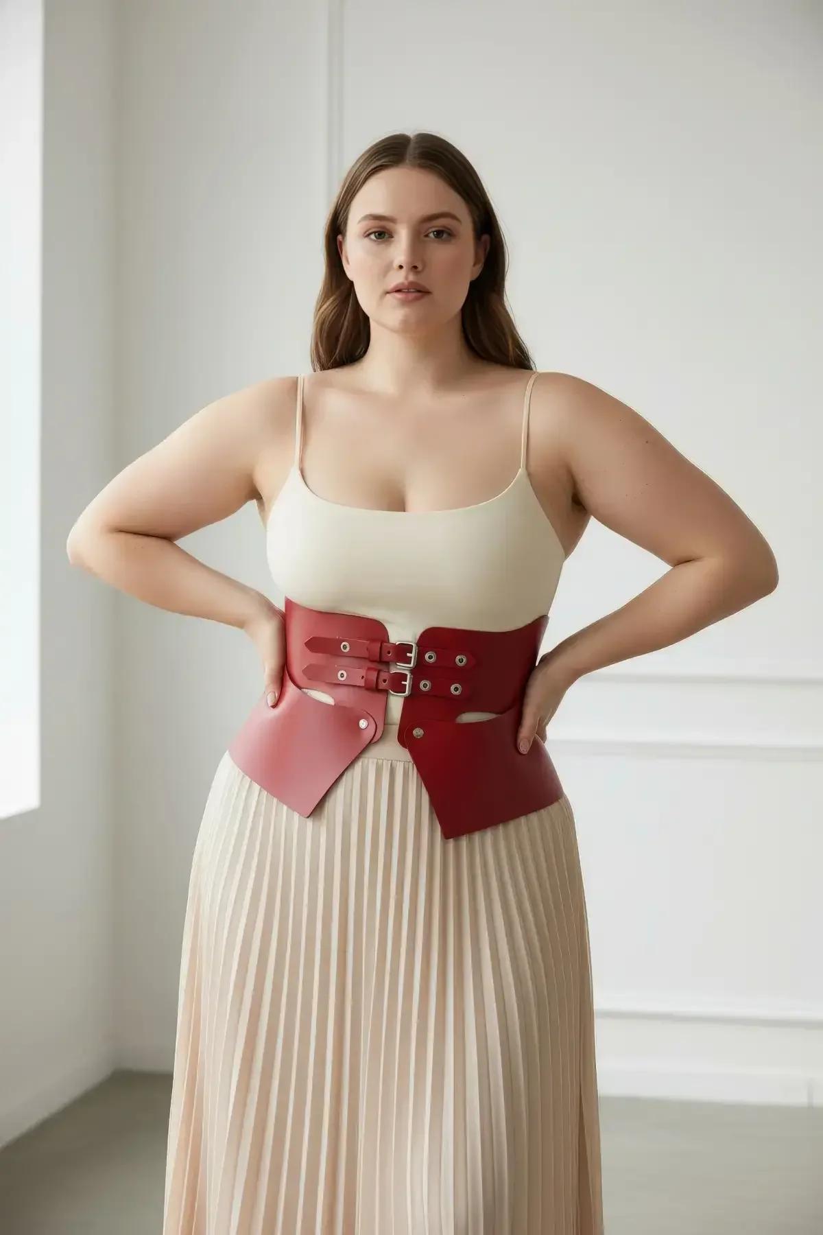 Claret Red Faux Leather Waist Cincher with Stud Details