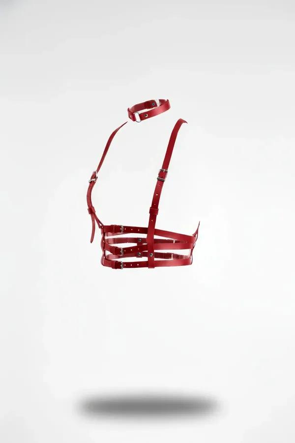 Red Faux Leather Multi-Strap Underbust Harness with Choker