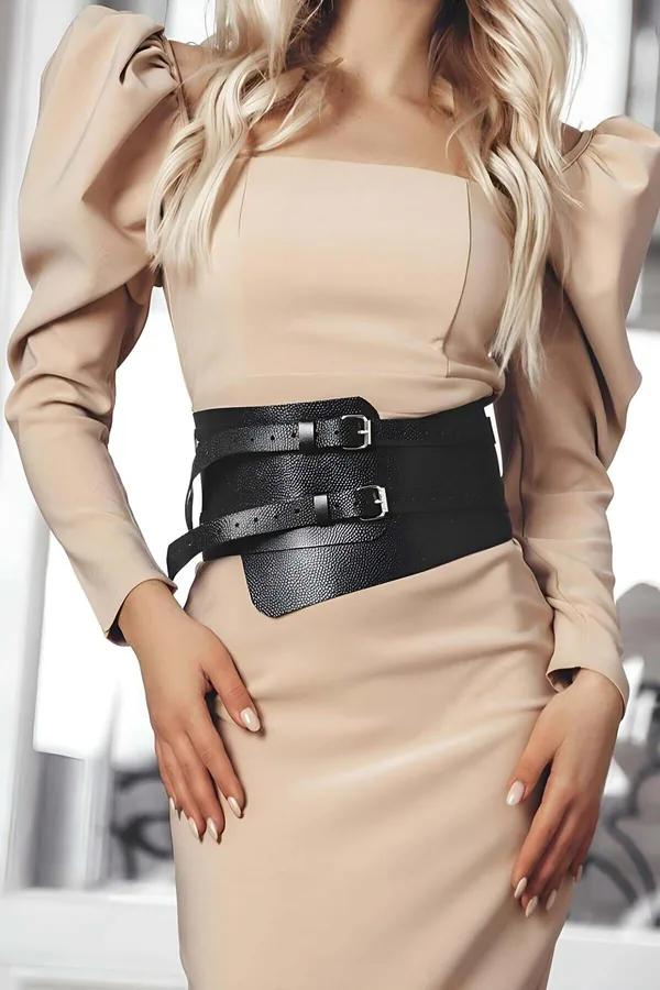 Wide Faux Leather Belt with Double Buckles