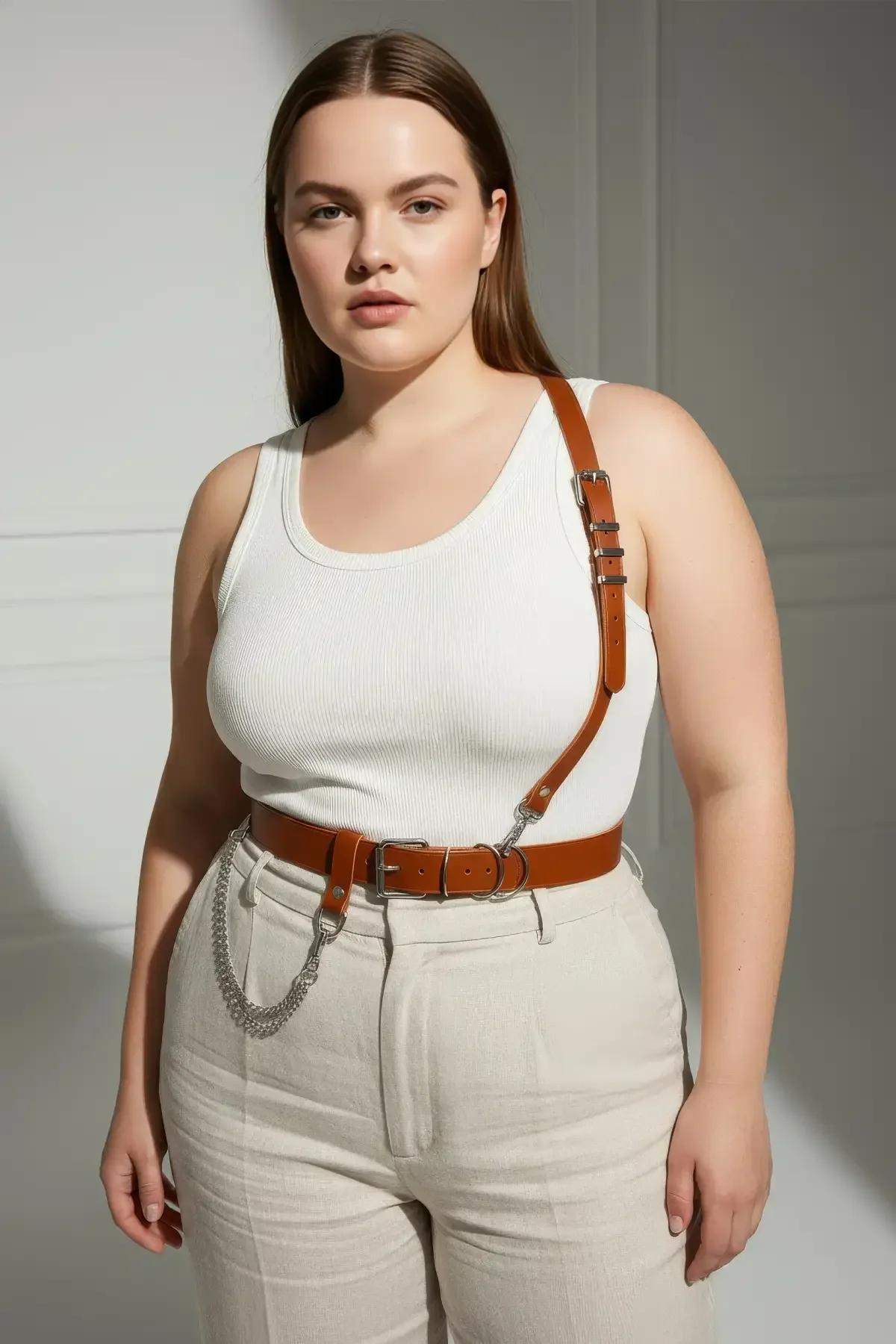 Tan Faux Leather Shoulder Strap Belt with Chain Detail