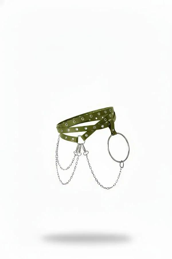 Grommeted Faux Leather Waist Harness with Draped Chains