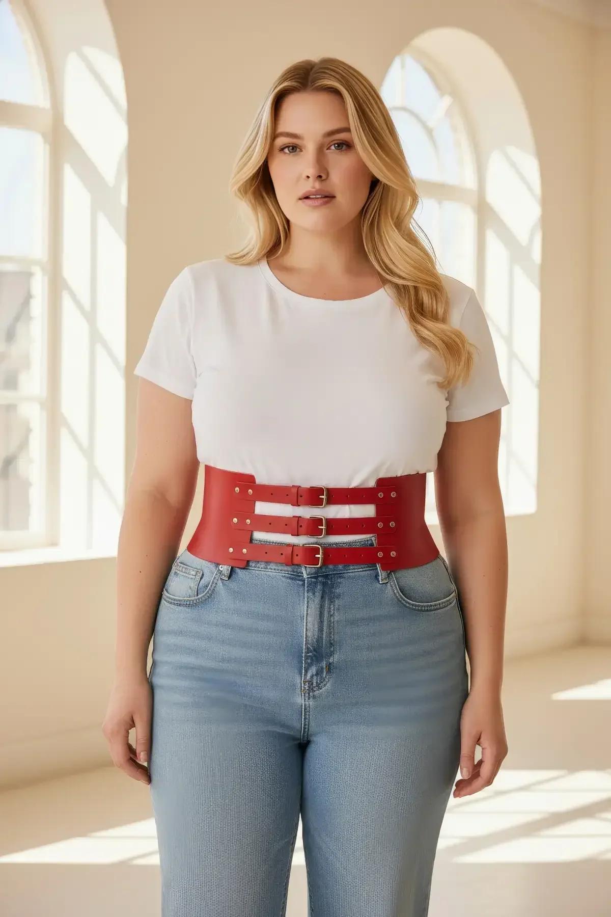 Red Faux Leather Wide Waist Harness with Three Buckles