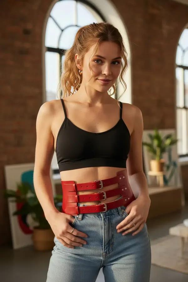 Wide Faux Leather Triple Buckle Waist Belt