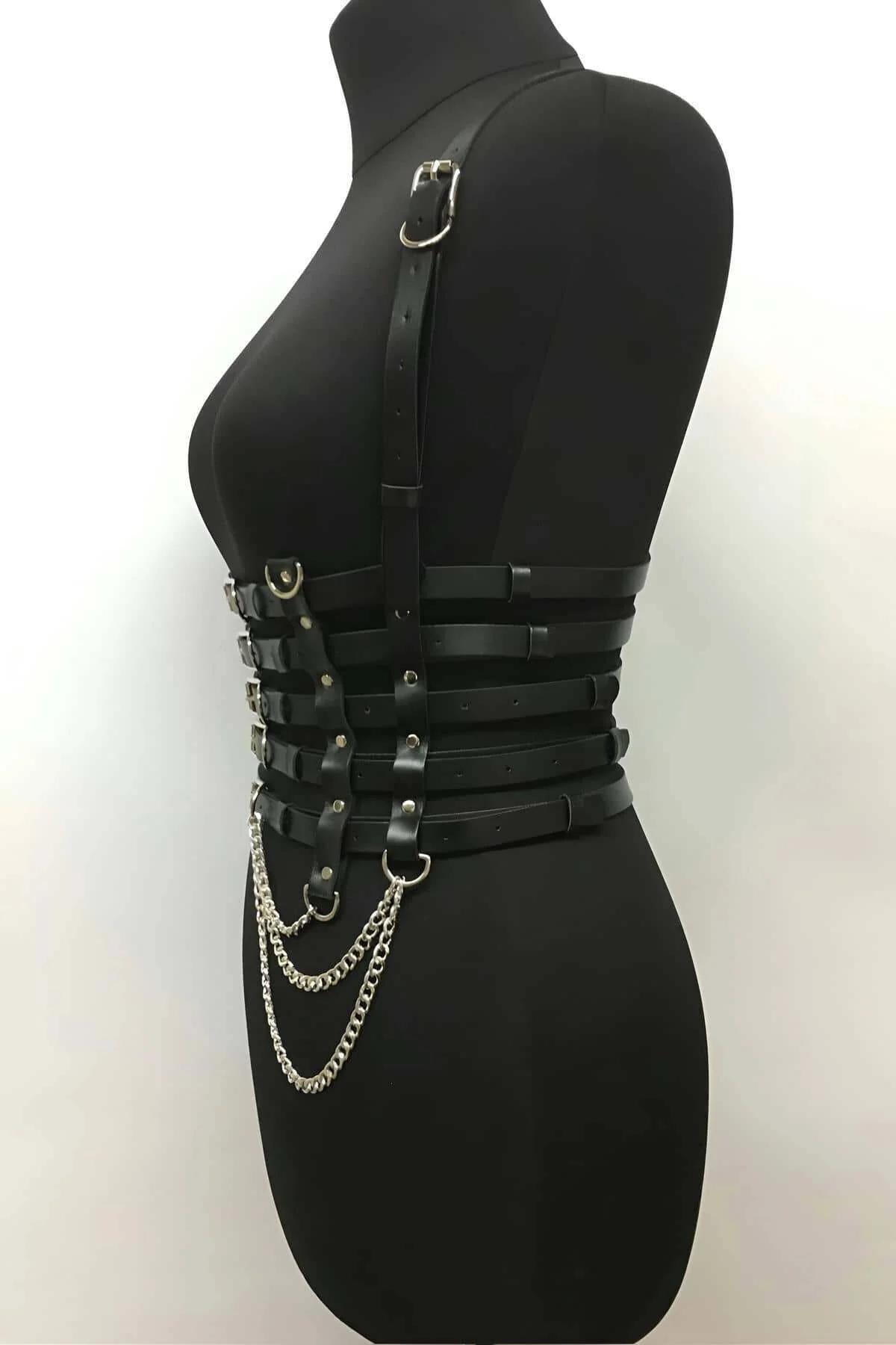 Five-Strap Corset Harness with Buckles and Detachable Chain