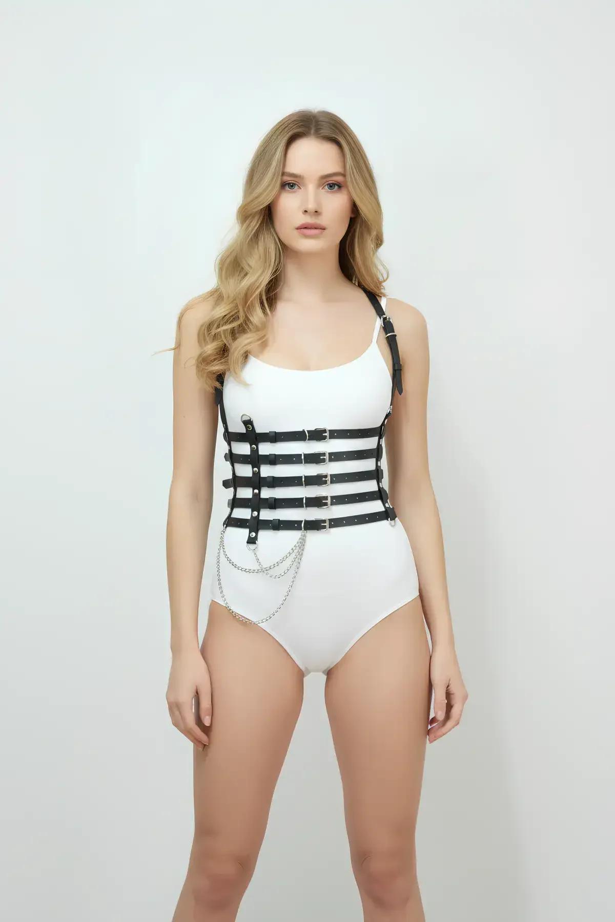 Faux Leather Corset-Style Harness with Side Chain Detail