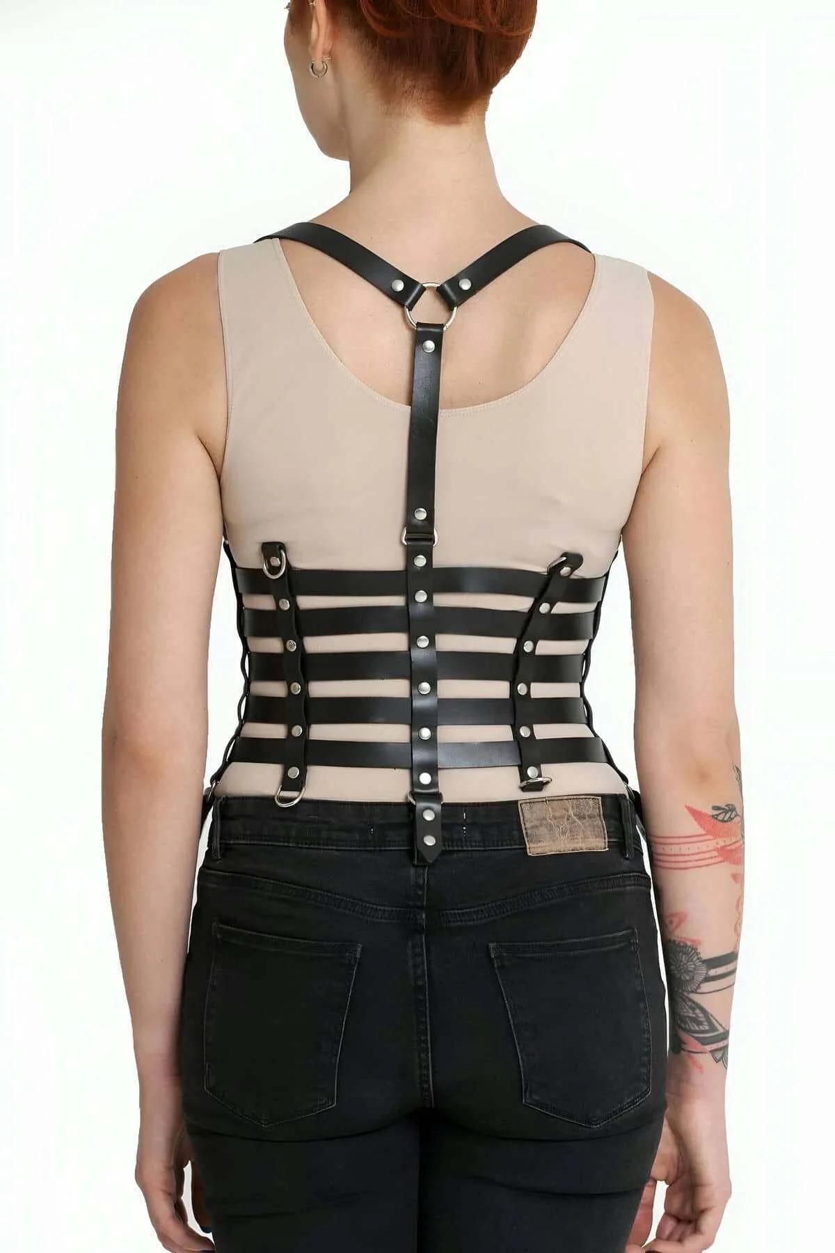 Adjustable Faux Leather Cage Harness with Five Belts