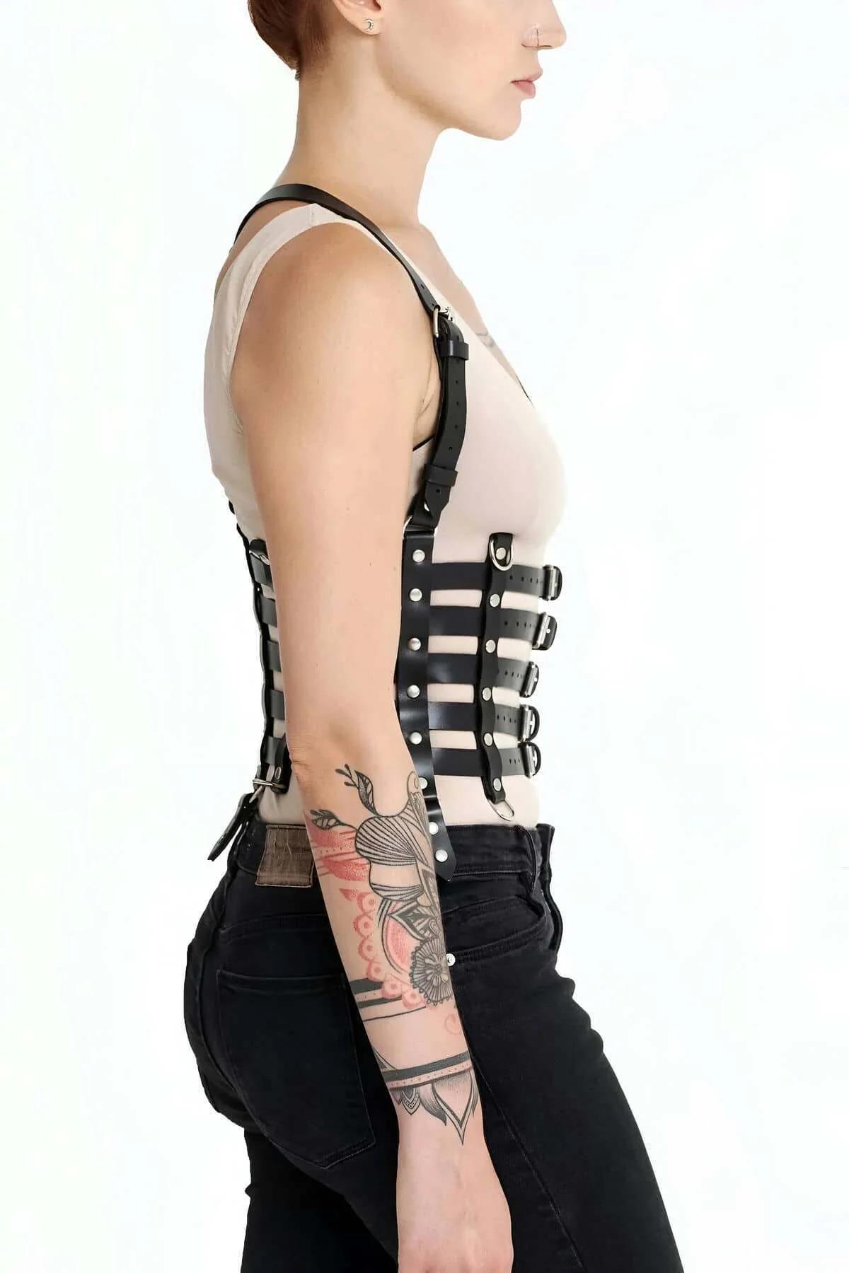 Adjustable Faux Leather Cage Harness with Five Belts